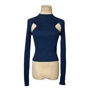 Open Edit Metallic Blue Knit Sparkly Cutout Long Sleeves Sweater Size Small